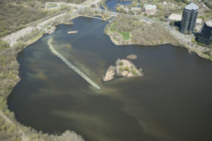 Image of Normandale Lake during an alum treatment