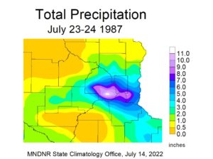 A rain map showing total precipitation for July 23-24, 1987. The highest amount is in south Hennepin county.