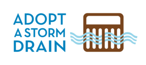 blue writing with brown stromdrain and water -adopt-a-drain logo
