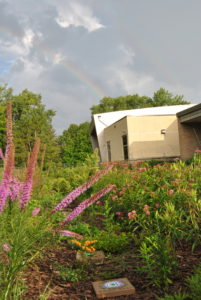 Flowers lean into the photo from the left side while a rainbow arcs overhead. The end of the rainbow appears to land at the school in the background.