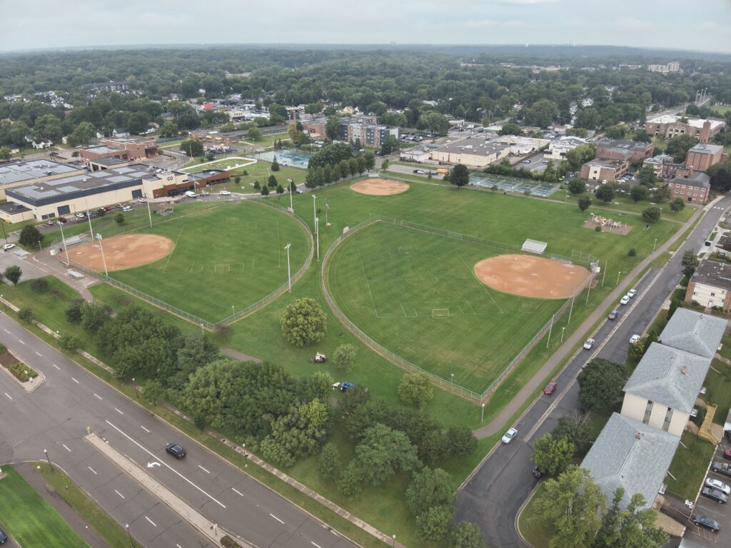 Aerial view of Central Park in Hopkins, showing baseball diamonds