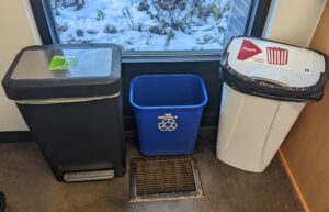 An organics bin, recycling bin, and trash can.