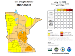 A map showing areas of drought in Minnesota: much of Hennepin County is in severe drought as of July 13, 2023.