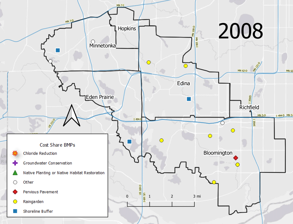 Watershed District road map with pin points locating cost share projects across the cities - Hopkins, Minnetonka, Eden Prairie, Edina, Bloomington, and Richfield