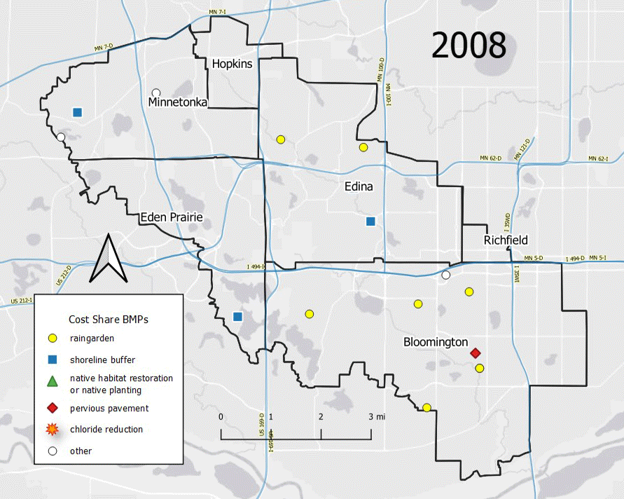 street map of Nine Mile Creek Watershed District Boundary including cities: Richfield, Bloomington, Edina, Eden Prairie, Minnetonka, and Bloomington. Map flips between year 2008-2020 and includes projects: raingards, permeable pavers, shoreline buffers, native habitat restorations, native habitat plantings, chloride reductions, and other.