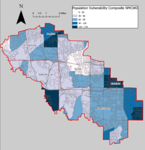 Map of the District boundaries with locations in different shades by vulnerability. The City of Hopkins, the City of Richfield, East Bloomington, East Edina, and South East Eden Prarie locations in the District are most most vulnerable.