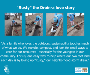 four pictures showing a child cleaning a drain and the story about the adopted drain "Rusty"
