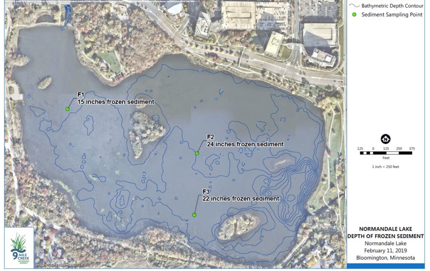 Map of sediment freeze depths at Normandale Lake in February 2019