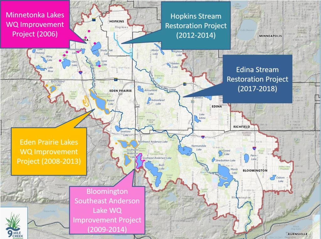 Map of Nine Mile Creek Watershed District with project locations labeled