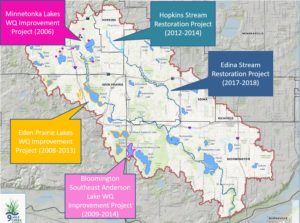 Map of Nine Mile Creek Watershed District with project locations labeled