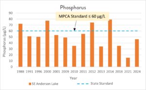 Graph of phosphorus levels in SE Anderson Lake from 1988 to 2024.