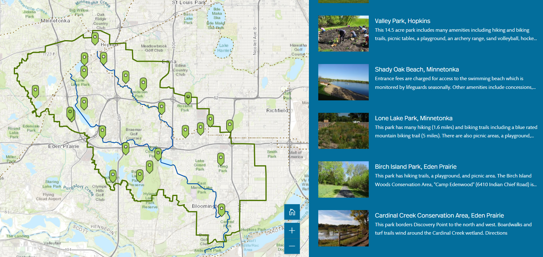 photo clip of an interactive trails map which zooms in on park locations to talk about amenities and show pictures