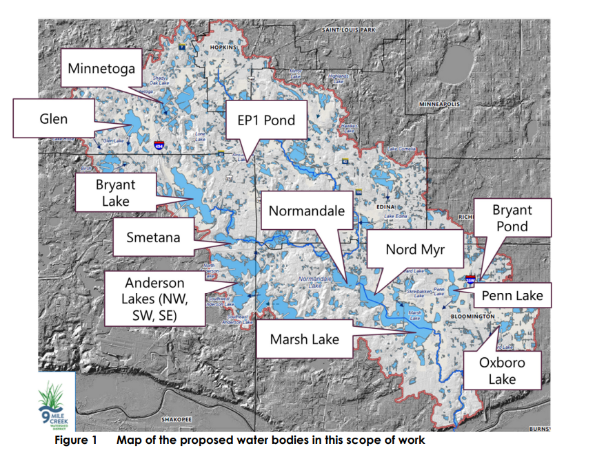 Watershed District Boundary with key lakes highlighted - Minnetoga, Glen, Bryant Lake, Smetana, NW Anderson Lake, SW Anderson Lake, SE Anderson Lake, Marsh Lake, Normandale Lake, EP1 Pond, Nord Myr, Oxboro Lake, Penn Lake, Bryant Pond