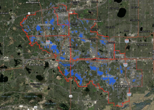 Nine Mile Creek Watershed Map- showing flood risk in blue