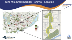 Map of the part of Bloomington where the project takes place, with a pull out image of Central Park in Bloomington 