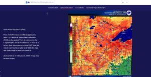 Map of Minnesota showing Snow Water Equivalent as of February 23, 2023. Much of the state has between 2-4 inches of water contained in the snowpack.