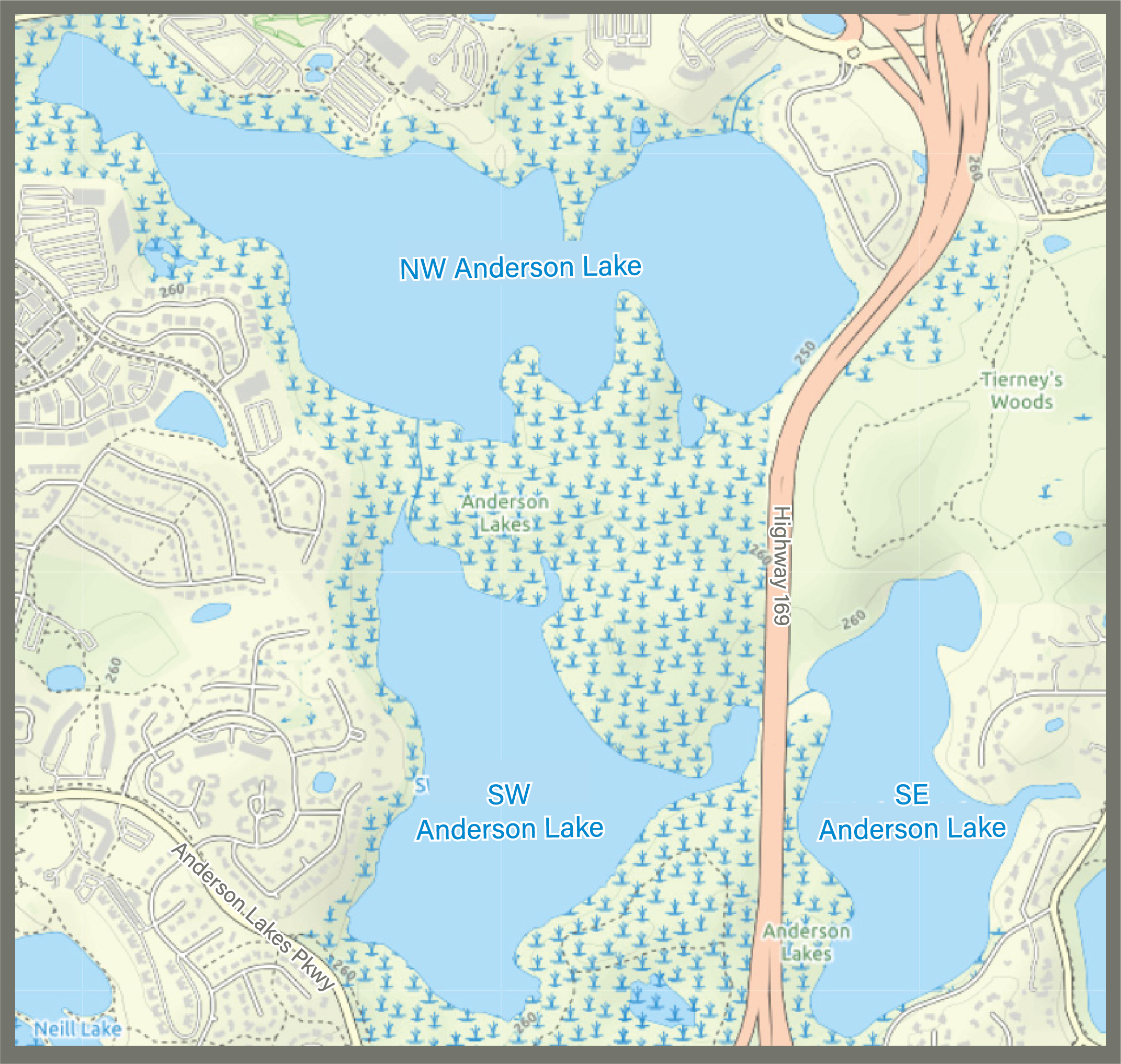 street map of NW, SW, and SE Anderson Lakes