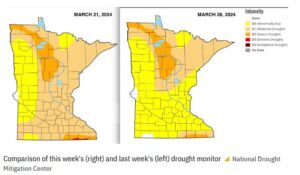 Comparison map showing the lessening of the drought March 2024.