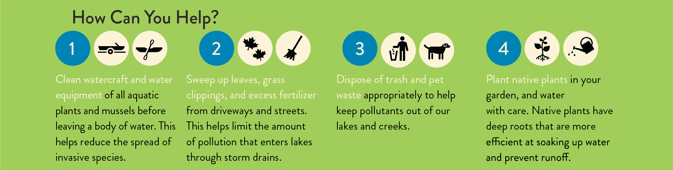 diagram of ways to clean water—clean off boats for AIS, sweep up leaves and grass, pick up after pets, and plant native plants