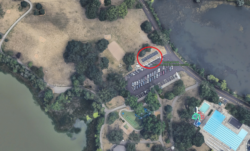 aerial map showing the location of the filtration vault north of the Rosland Park parking lot