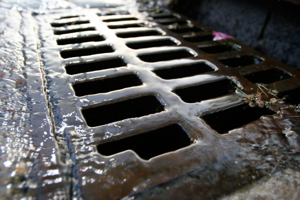 Close up of stormdrain in the street.